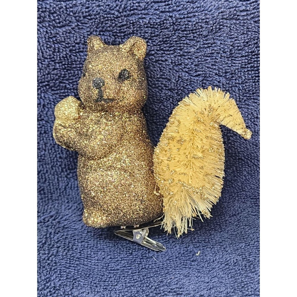 Vintage Squirrel Christmas Tree‎ Clip On Ornament Sparkly Gold